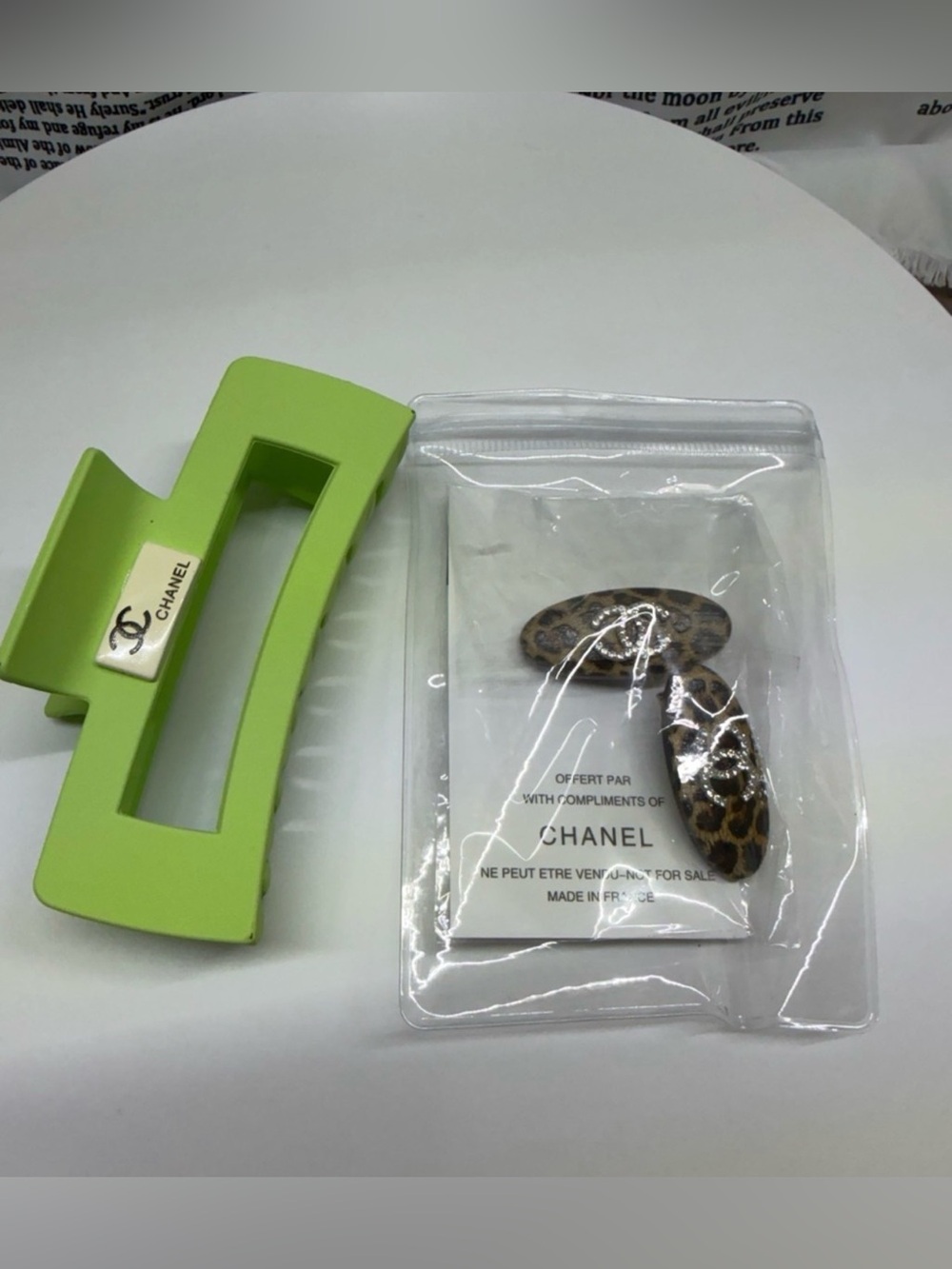 Chanel 2pc hair clips with  Lime Green Hair Clip with Logo Plaque NWOT